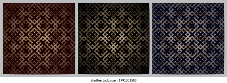 Set of abstract geometric seamless pattern with golden lines.Luxury of black,navy,and red background.Design for decorative,wallpaper; clothing; wrapping.Vector illustration.Eps10