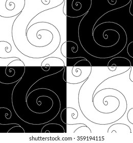 Set: Abstract geometric seamless pattern with black-and-white spirals, lines, tapes, points. Vector endless pattern for creating card, web page background, wallpaper and textile.