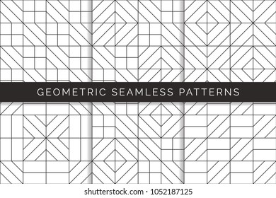 Set of abstract geometric seamless patterns. Black and white background design. Template for prints, wallpaper, wrapping paper, fabrics, covers, flyers, banners and posters. Vector illustration.