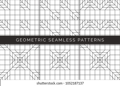 Set of abstract geometric seamless patterns. Black and white background design. Template for prints, wallpaper, wrapping paper, fabrics, covers, flyers, banners and posters. Vector illustration.