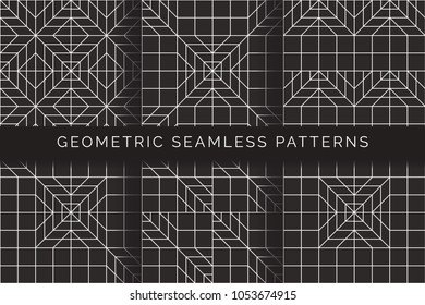 Set of abstract geometric seamless patterns. Black and white background design. Template for prints, wallpaper, wrapping paper, fabrics, covers, flyers, banners and posters. Vector illustration.