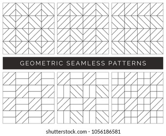 Set of abstract geometric seamless patterns. Black and white background design. Template for prints, wallpaper, wrapping paper, fabrics, covers, flyers, banners and posters. Vector illustration.