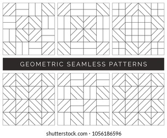 Set of abstract geometric seamless patterns. Black and white background design. Template for prints, wallpaper, wrapping paper, fabrics, covers, flyers, banners and posters. Vector illustration.