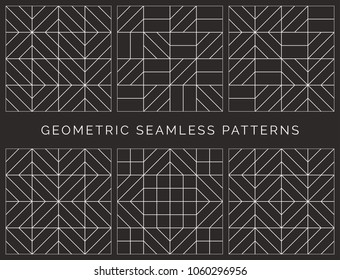 Set of abstract geometric seamless patterns. Black and white background design. Template for prints, wallpaper, wrapping paper, fabrics, covers, flyers, banners and posters. Vector illustration.