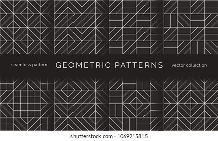 Set of abstract geometric seamless patterns. Black and white background design. Template for prints, wallpaper, wrapping paper, fabrics, covers, flyers, banners and posters. Vector illustration.