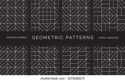 Set of abstract geometric seamless patterns. Black and white background design. Template for prints, wallpaper, wrapping paper, fabrics, covers, flyers, banners and posters. Vector illustration.