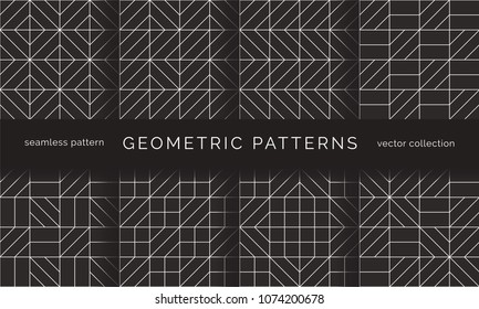 Set of abstract geometric seamless patterns. Black and white background design. Template for prints, wallpaper, wrapping paper, fabrics, covers, flyers, banners and posters. Vector illustration.