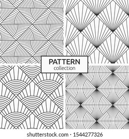 Set of abstract geometric seamless patterns. Striped rhombuses. Art deco sunburst patterns. Modern stylish textures. Background for cloth, fabric, textile. Burst lines. Vector monochrome background.
