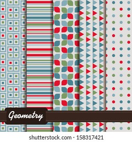 set of abstract geometric seamless patterns red blue green