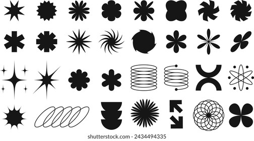 Set of Abstract Geometric Shape in Brutalism Style. Minimalist Bauhaus Element. Flower, Star, Swirl, Spiral, Arrow