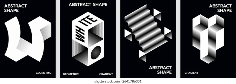 Set of abstract geometric shape posters with bold 3D illusions and optical depth minimal black and white designs for modern visual experiments, art decor, and digital conceptual aesthetics.