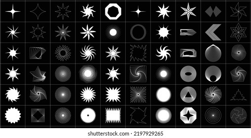 Set of abstract geometric shape trending mixture modern diverse design elements . Cyber neo futuristic style 80s 90s glitch brutalism shapes, minimalist geometric elements