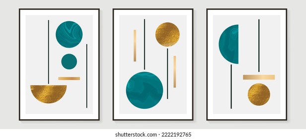 Set of abstract geometric shape wall art. Collection of gradient gold and blue circle with line art. Design for wall decoration, interior, poster, print, cover, wallpaper. Vector illustration.