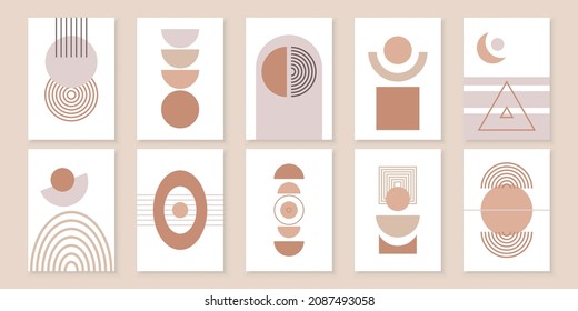 Set of abstract geometric shapes backgrounds and posters. Vector illustration for wall art. Trendy Boho wall decor. Natural pastel earth colors. Design for wallpaper, postcards and branding.