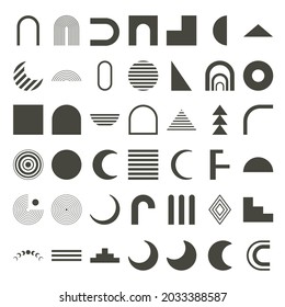 Set of abstract geometric shapes. Black silhouette. Boho elements rainbow, arch, moon phases. Signs for posters, banners and posters. Vector illustration.