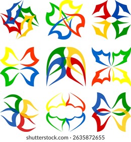 Conjunto de formas geométricas abstratas em cores azul, verde, amarelo e vermelho brilhantes, para impressão e sites da Web.