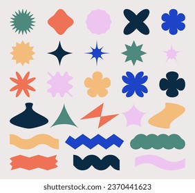 Set abstract geometric shapes in brutalism style. Minimalist primitive vector elements, various basic forms. Simple figures, flower, star, wave and ribbon. Brutal contemporary form, bauhaus figures.