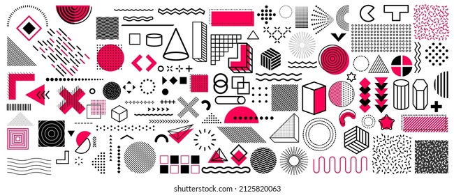 Set of abstract geometric shapes. Collection trendy halftone vector graphic elements. Design elements for magazine, billboard, sale, advertisement, banner, poster, leaflet. Memphis, retro elements