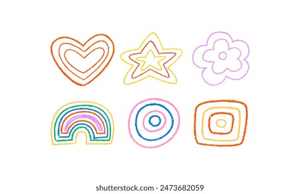 Set of abstract geometric shapes. Crayon simple doodles. Vector outline illustration. Heart, circle, square, rainbow, flower and star icons in naive style