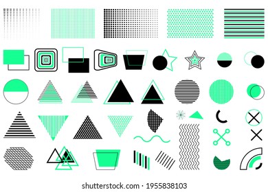 a set of abstract geometric shapes for creating backgrounds and patterns, green and black colors, triangles, circles, rectangles, stars, waves and points