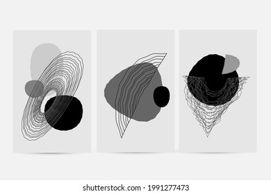 Set of abstract geometric shapes for decoration, postcard, brochure, cover, print, card design. Minimalist art with line and painted composition. Vector illustration.