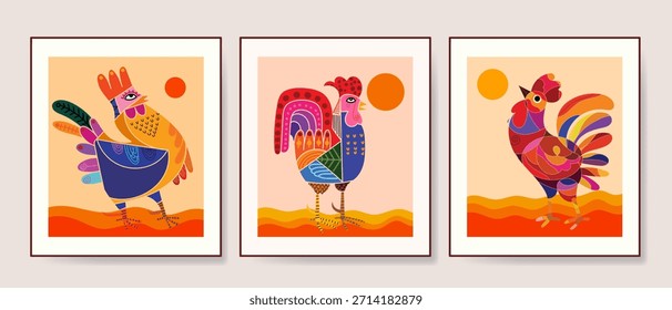 Conjunto de geométrica abstracta, Formas, pollos decorativos en Ilustración vectorial estilo bauhaus. Diseño artístico de pollos para arte de pared, decoración, impresión y póster.