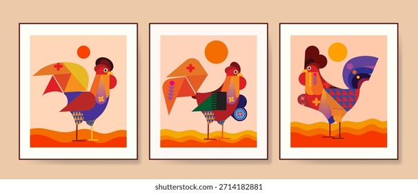 Conjunto de geométrica abstracta, Formas, pollos decorativos en Ilustración vectorial estilo bauhaus. Diseño artístico de pollos para arte de pared, decoración, impresión y póster.