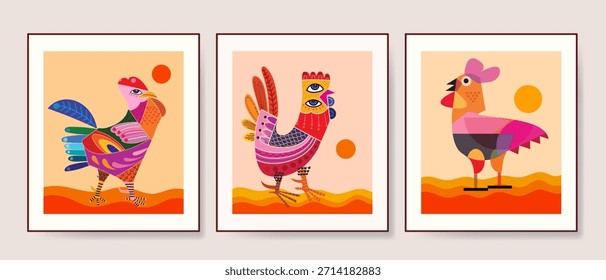 Conjunto de geométrica abstracta, Formas, pollos decorativos en Ilustración vectorial estilo bauhaus. Diseño artístico de pollos para arte de pared, decoración, impresión y póster.