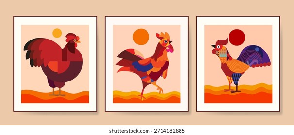 Conjunto de geométrica abstracta, Formas, pollos decorativos en Ilustración vectorial estilo bauhaus. Diseño artístico de pollos para arte de pared, decoración, impresión y póster.