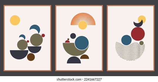 Set of abstract geometric shapes. Design for wallpaper, background, wall decor, cover, print, card, branding concept. Modern boho minimalist art. Vector illustration.