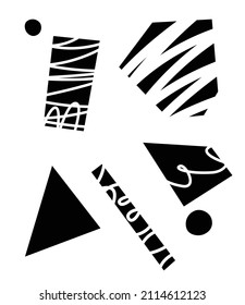 Conjunto de formas geométricas abstractas con boceto de doodle en el interior. Estilo gráfico de impresión abstracta.