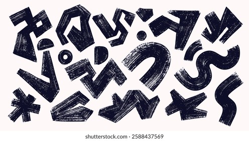 Set of abstract geometric shapes drawn with brushstroke. Black doodle modern figures, cloud, spiral, zigzag, stars, arch, other primitive elements, icons. Style art kid vector geometric graphic shapes