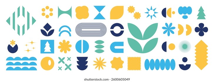Set of abstract geometric shapes element vector. Collection of contemporary figure, circle, flower, sparkle, triangle, line ,frame, star. Design element for banner, prints, stickers, decor, icon.