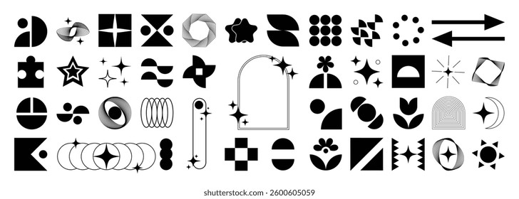 Set of abstract geometric shapes element vector. Collection of contemporary figure, circle, flower, sparkle, triangle, line ,frame, star. Design element for banner, prints, stickers, decor, icon.