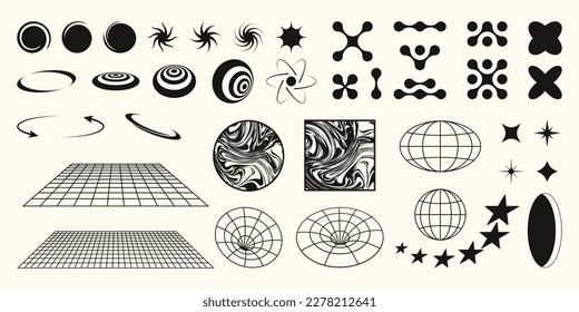 Set of abstract geometric shapes and elements in retro style. Y2k aesthetic design. Template for banner, poster, social media, logo, stickers.