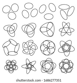 Conjunto de formas geométricas abstractas. Ellipses cruzando, simetría radial.