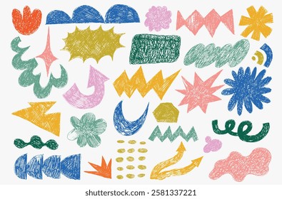 Set of abstract geometric shapes, figures drawn by crayon. Contemporary colored naive swiss design aesthetic. Doodle hand draw modern figures, stars, squiggly, arrow, abstract primitive elements.