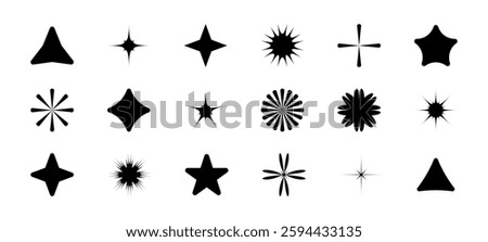 Set Abstract geometric Shapes, Flashes. Different types of Star, explosion and Glitter. Collection black sparkles. Silhouettes of Shine, sun rays, triangle. Design elements. Icons. Vector illustration
