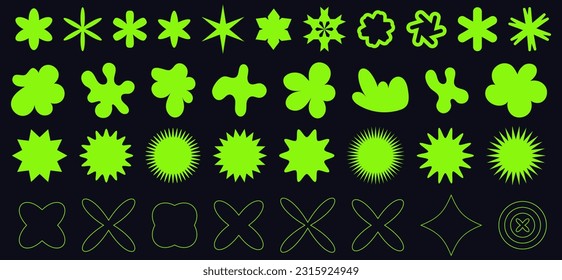 Set of abstract geometric shapes and flowers. Modern trendy figures in green color in y2k style.