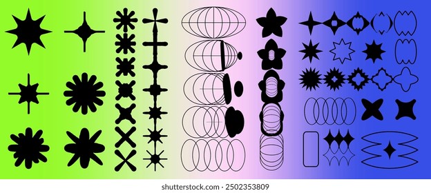 Set of abstract geometric shapes and forms in neo brutalism and Y2K style.