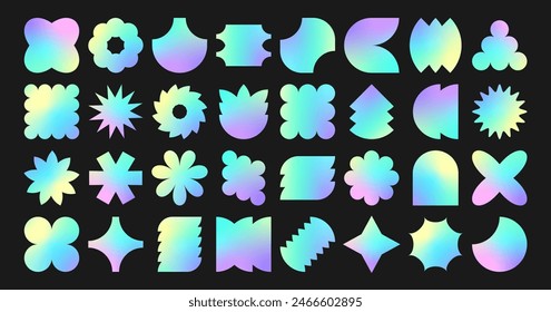 Set of Abstract geometric shapes, frame, template, text box in trendy retro Y2K style with rainbow gradient. Neon, holographic isolated on black background sticker label elements. Vector EPS10

