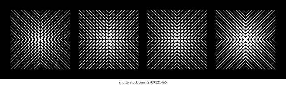 Set of abstract geometric shapes with halftone transition effect. Vector collection of modern op-art patterns and backgrounds with optical illusion.
