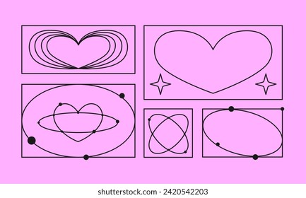 Conjunto de formas geométricas y corazones abstractos. Elementos retro futuristas de estilo brutalístico. Esbozar ilustración vectorial con wireframes ciberpunk 