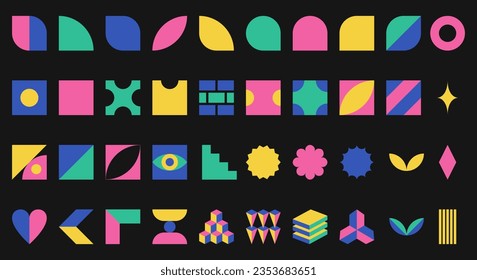 Set of abstract geometric shapes. Inspired by brutalism, Swiss minimalism, Bauhaus. Simple design elements for advertising. Bright Color vector design elements isolated on white