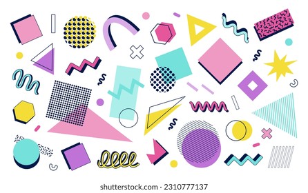 Set abstract geometric shapes, Memphis style elements, vintage banner, poster. Vector illustration 90s