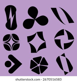 set of abstract geometric shapes purple background and black line art sheet 