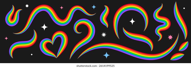 Set of abstract geometric shapes in rainbow colors. Horizontal banner background. Elements for LGBT Pride design. Vector EPS10