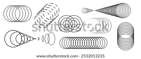 Set of abstract geometric shapes, round objects and circles. Vector illustration of different line elements. Symbols and signs of round forms for design, architecture, drawing