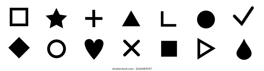 Set of abstract geometric shapes. Simple geometric retro shapes: checkmark, cross, square, diamond, circle, triangle, heart. Decorative Memphis design elements. Vector.