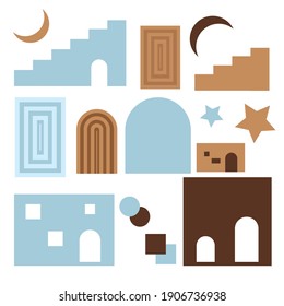 Set of abstract geometric shapes, stairs, moon, star, arc, wall, isolated on white background. Minimal contemporary modern trendy geometrical art vector illustration